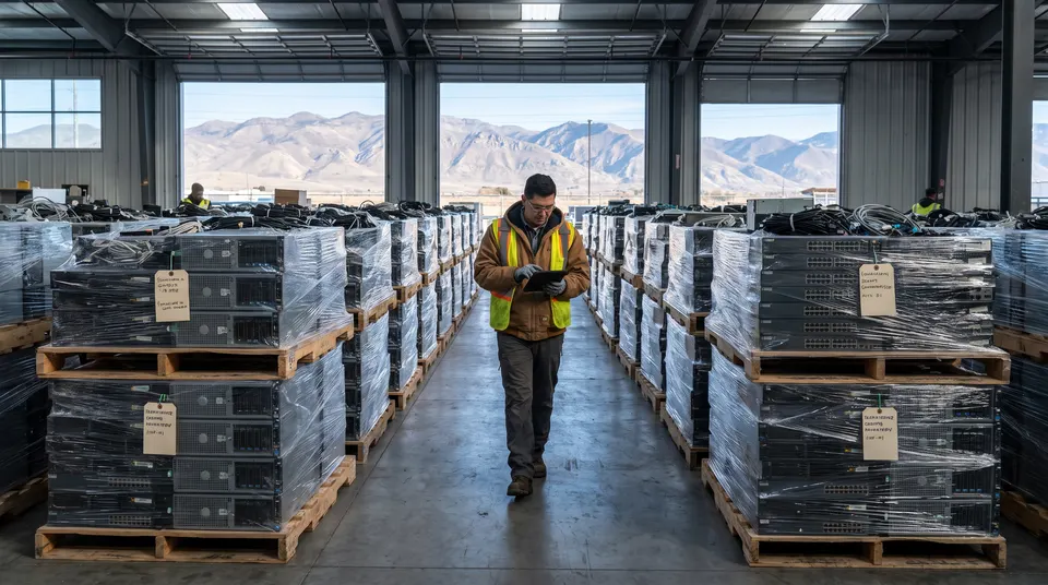 Sorted pallets of decommissioned server equipment staged in a recycling facility