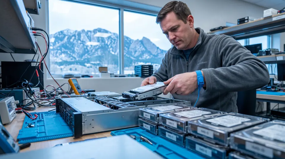 A technician removing labeled drives from a server chassis at an anti-static workbench