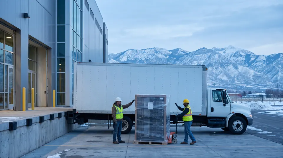 A box truck at a data center loading dock at dawn
