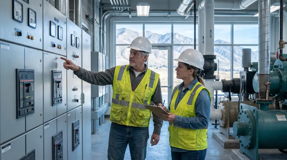 Two technicians in hi-vis vests inspecting electrical switchgear in a mechanical room
