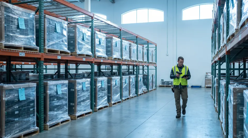 Racked, shrink-wrapped server equipment with inventory tags in a secure warehouse