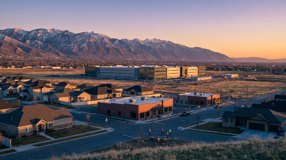 A Utah valley neighborhood at golden hour with a data center campus in the middle distance and the Wasatch Front behind