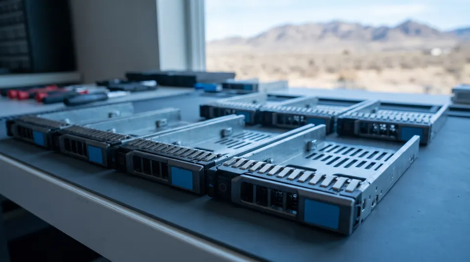 Labeled server drive trays in ordered rows on an anti-static workbench