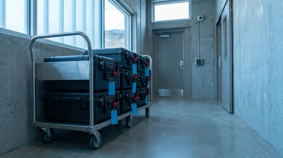 Sealed transport cases with tamper seals stacked on a cart in a secure corridor