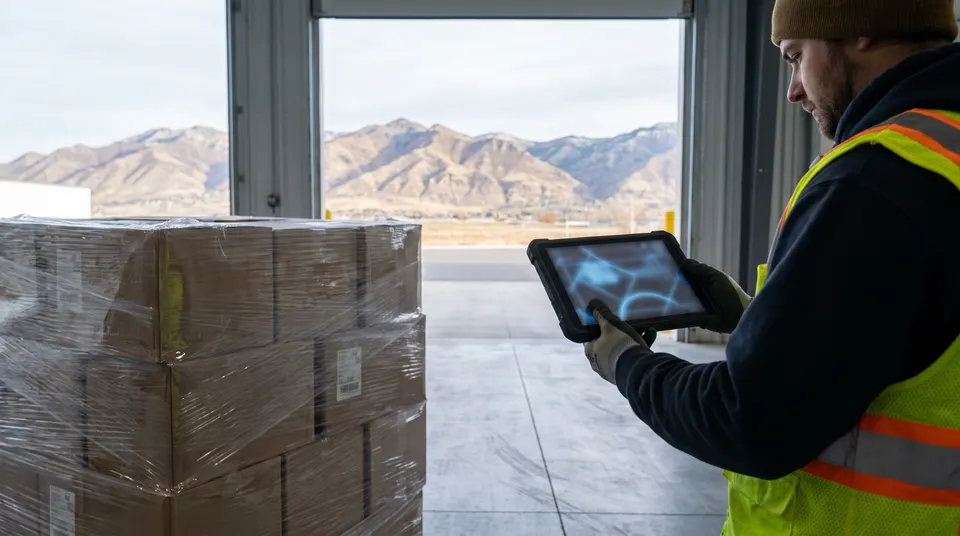 A dock worker checking a load on a tablet beside a shrink-wrapped pallet