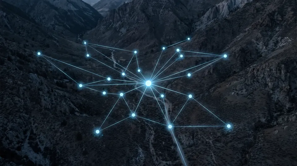 Abstract map of a valley with glowing provider nodes connected to one central hub