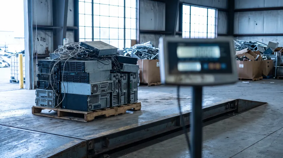 A palletized load of retired equipment on an industrial floor scale