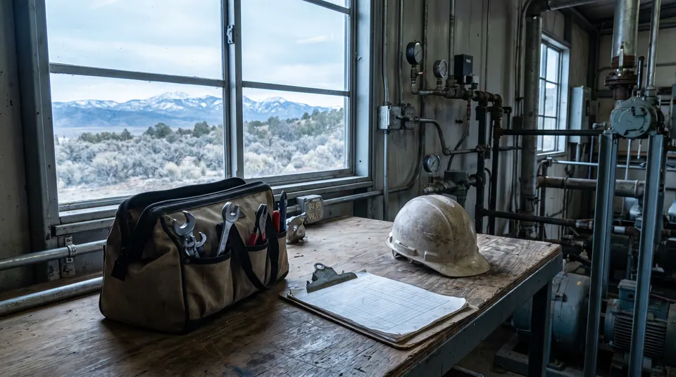 A technicians clipboard, tool bag, and hard hat on a mechanical room bench